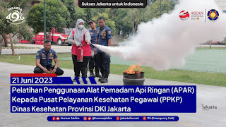 Rabu (21 Juni 2023) Dinas Penanggulangan Kebakaran dan Penyelamatan Provinsi DKI Jakarta memberikan edukasi pelatihan penggunaan Alat Pemadam Api Ringan (APAR) kepada Pusat Pelayanan Kesehatan Pegawai (PPKP) Dinas Kesehatan Provinsi